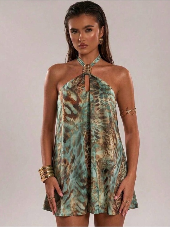 Dresses & Skirts - Halter Neck Animal Print Mini Dress in Teal and Brown NWOT
